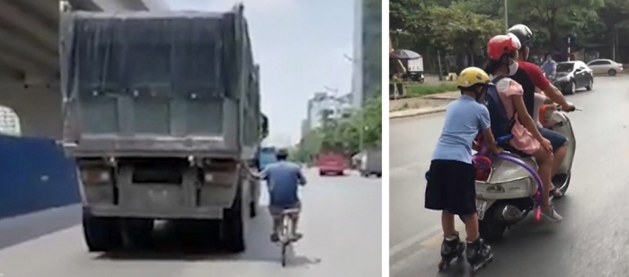 Một người đàn ông đi xe đạp một tay điều khiển xe, một tay bám vào thành thùng của chiếc xe tải Howo di chuyển một quãng đường khá dài. Một người đàn ông đi xe đạp một tay điều khiển xe, một tay bám vào thành thùng của chiếc xe tải Howo di chuyển một quãng đường khá dài.